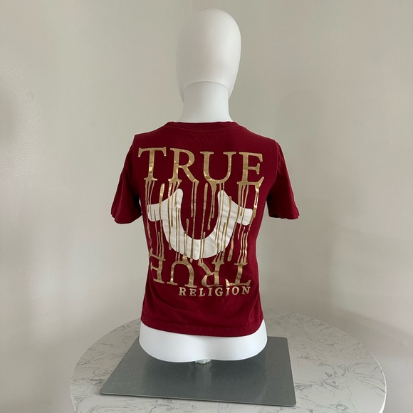 True Religion Tops - True Religion Burgundy Tee with Bold Print